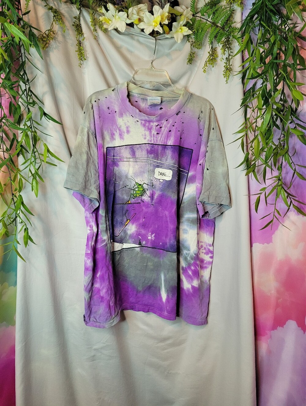 Vintage Distressed Purple/Gray Tie-Dye Funny Comic Shirt